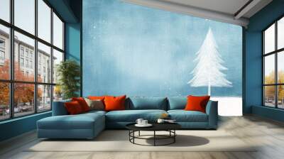 A serene, minimalist illustration of a white Christmas tree in a snowy landscape. The soft blue tones create a peaceful and calming atmosphere, ideal for holiday cards or winter designs. Wall mural