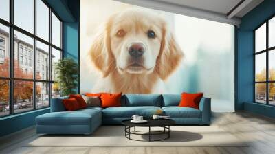 A sweet Golden Retriever puppy looking directly at the camera with soft lighting. Ideal for pet-themed projects Wall mural