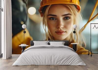 A young woman in a yellow hard hat and uniform, representing women in industrial work environments. Wall mural