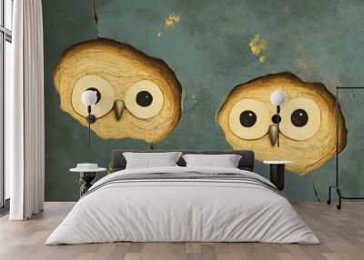 Abstract owl eyes, two large circles in tree bark texture, minimal detail - grunge background  Wall mural