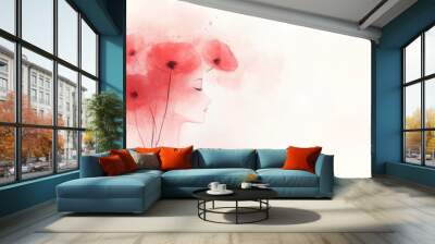 An artistic watercolor illustration of a woman with poppies, creating a dreamy and delicate scene. Wall mural