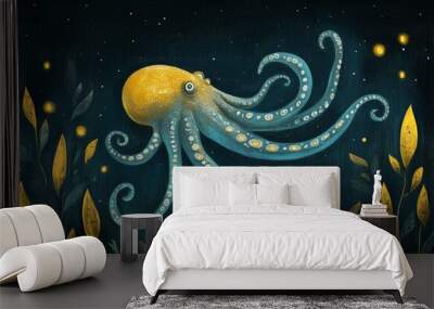 An octopus floating among plants, symbolizing adaptability, flexibility, and the ability to thrive in different environments. Wall mural