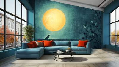 dramatic illustration of a bird sitting under a large glowing sun, with a dark, moody background. The intense contrast between the bright sun and the dark surroundings adds a sense of mystery. Wall mural