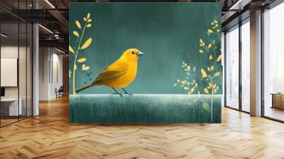 European Greenfinch yellow bird perched on a natural surface, surrounded by delicate yellow foliage, set against a muted teal background. Scene is bright yet serene, emphasizing the bird's vivid color Wall mural