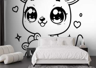 Kangourou et bébé Line art dessin au trait style kawaii de personnage heureux pour page ou livre de coloriage pour enfant. Vecteur noir totalement transparent et isolé du fond.  Wall mural