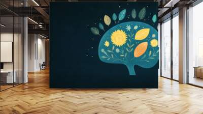 Stylized illustration of a brain-shaped tree with leaves and flowers representing ideas and growth, set against a dark background.
 Wall mural