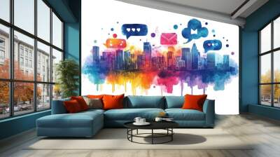 Watercolor illustration of a city skyline with social media icons floating above, representing digital communication and connectivity. Wall mural