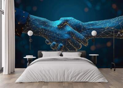 Digital handshake on blue technology background. Abstract two hands in lines, connected dots, and triangles. Polygonal grid 3D vector illustration. Business partnership concept. Low poly wireframe. Wall mural