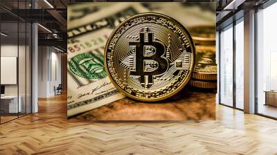 Golden symbolic coin Bitcoin on banknotes of one hundred dollars. Exchange bitcoin cash for a dollars. Cryptocurrency on US dollar bills. Digital modern method of payment. Savings, investments concept Wall mural