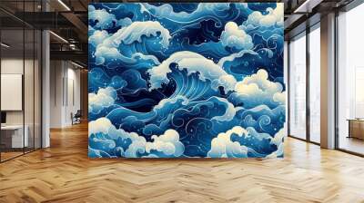 Vector sea waves. Illustration of blue ocean waves with white foam. Isolated water splash set in cartoon style. Element for your design. Wall mural