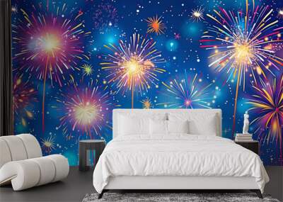 Vector set of colorful celebration festive fireworks for holiday, new year party, Xmas, birthday, carnival, Independence day. Firework show in dark evening sky. Pyrotechnics firecracker background Wall mural