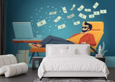 Work from home concept, A young happy man making money on internet. Vector Wall mural