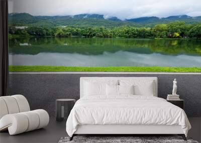 Asphalt black grey road landscape lake views at Ang Kaew Chiang Mai University in nature forest Mountain views spring blue sky background with white cloud. Wall mural