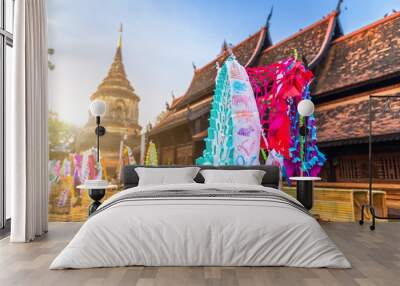 Prayer flags tung Hang or Northern traditional flag hang on sand pagoda in the Wat Lok Moli temple for Songkran Festival is celebrated in a traditional New Year's Day in Chiang Mai, Thailand Wall mural