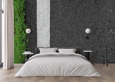 Surface grunge rough asphalt black dark grey road street and green grass texture Background,empty copy space,Top view abstract Seamless tarmac Wall mural