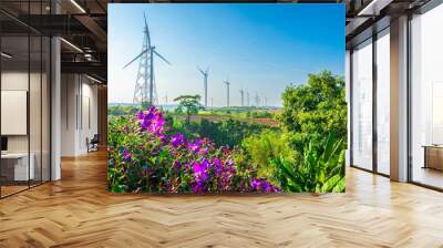 Wind turbines on hill in the khao kho park, Thailand. Clean energy, eco power energy, Green energy. Wall mural