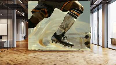 A close-up of a soccer player's legs as he runs with the ball during a game, sport background illustration showing the intensity of the match Wall mural