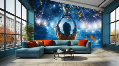 Athlete celebrates victory background with championship trophy under stadium lights Wall mural