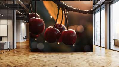 cherries on branch, panoramic banner, first light of day, nature background, close up shot, water drop, AI Wall mural