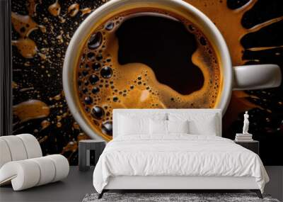 cup of coffee, close up shot, top view, splash panoramic photo, studio light, on black background, AI Wall mural