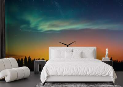 Illustration of a wind turbine standing tall in the midst of a dark and serene forest at night, sky with aurora borealis created with Generative AI  Wall mural