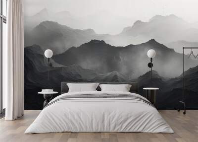 panorama of the majestic mountain range in monochrome beauty, black and white background, graphic concept with shape of valley, dark visual art, landscape with fog, panorama wallpaper, AI Wall mural