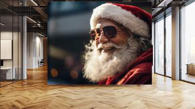 portrait of a modern Santa Claus with sunglasses and red hat, smiling face, cool hand with white beard, AI  Wall mural