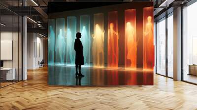 silhouette of a woman standing in front of a vibrant row of columns, colorful art concept, fashion exhibition, artistic abstract concept Wall mural