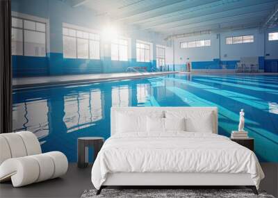 sunlit swimming pool in an indoor space, empty design, blue water and bright and clean visual, sport background concept, sport in school, AI Wall mural