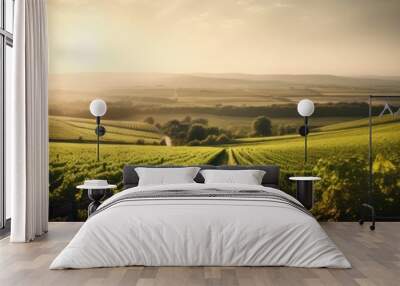 sunrise over the green field in south of France, epic panoramic view, countryside vines landscape, Bordeaux, AI Wall mural