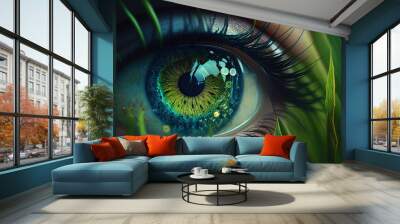 The watchful eye of the natural world, green eyes, surrounded by leaves, ecology background, IA Wall mural