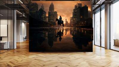 woman on a horse in a city of skyscrapers at the blazing sunset, cinematic frame in an urban landscape Wall mural