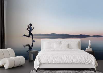 young woman running in a serene and minimalist landscape, panorama sport banner, pro training in nat Wall mural