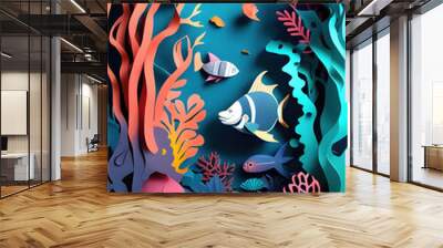 Beautiful marine life and coral reef.. 3D Papercut paper art craft color Background. Generative AI. Wall mural