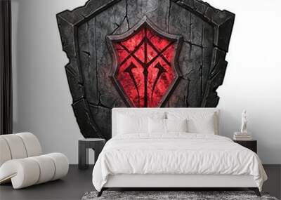 A enchanted knights shield with glowing runes, fantasy object, hyperrealistic, silver and red, isolated on white background Wall mural