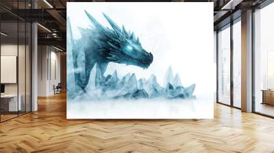 A majestic glacial dragon surrounded by ice pillars, glowing softly, fantasy illustration, cold and mystical, isolated on white background Wall mural