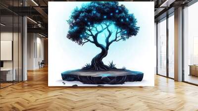 A mystical tree with glowing leaves, fantasy nature element, surreal design, blue light, isolated on white background Wall mural