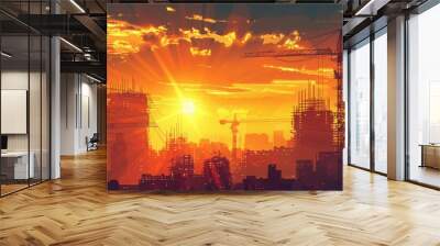 Construction cranes reaching into a sunset sky, with beams of light highlighting the silhouettes of emerging buildings and infrastructure  Wall mural