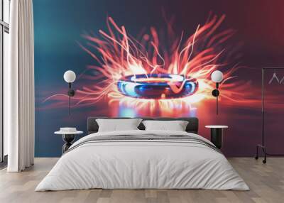 A visually captivating image of a glowing energy ring surrounded by dynamic red and blue light particles against a dark backdrop. Wall mural