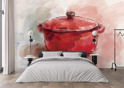 A watercolor painting of a red cooking pot with a lid, set against a soft background, exuding a cozy kitchen vibe. Wall mural