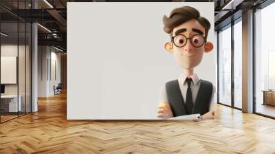 A young cartoon businessman with glasses, holding a tablet, exudes confidence and readiness on a soft white background. Wall mural