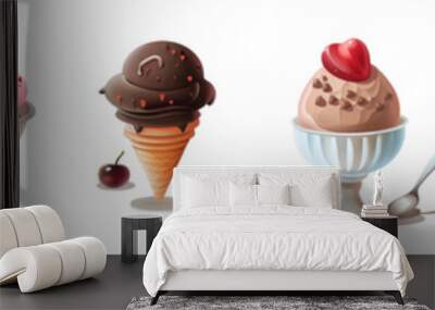 set of tasty ice cream on transparent background cutout, PNG file. Many assorted different flavour Mockup template for artwork design. Wall mural