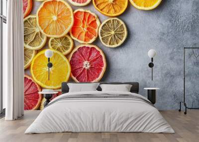 A flat lay of dried fruits and citrus slices on a grey background, top view, with room for copy. Wall mural