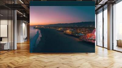 A panoramic view of the Santa Monica Pier with the Ferris wheel at dusk. No people, copy space. Wall mural