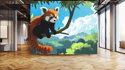 A red panda perched on a tree branch in a bamboo forest, leaving ample copy space in the sky. Wall mural