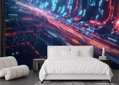 Abstract futuristic circuit patterns and glowing data streams representing tech innovation and processes Wall mural