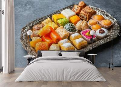 Assorted Indian sweets on a silver tray with empty space for promotional or celebration text. Wall mural