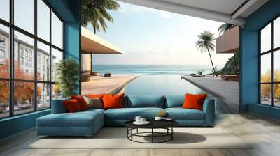 Beachfront villa with a serene pool and panoramic ocean view, no people. Room for text in the surroundings. Wall mural