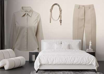 Classic women's workwear set with a button-down shirt and fitted trousers on a neutral background, perfect for fashion presentations Wall mural