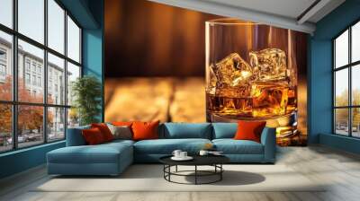 Close-up of a glass of whiskey with ice cubes, warm wooden background Wall mural